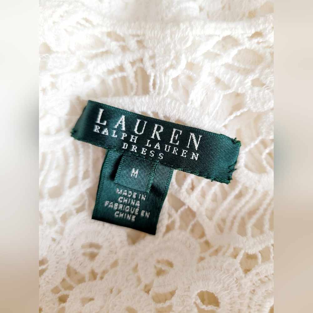 Ralph Lauren 100%Cotton White Crochet Sheath Dress 3/4 Sleeve Crew Neck Lined M - Picture 2 of 16